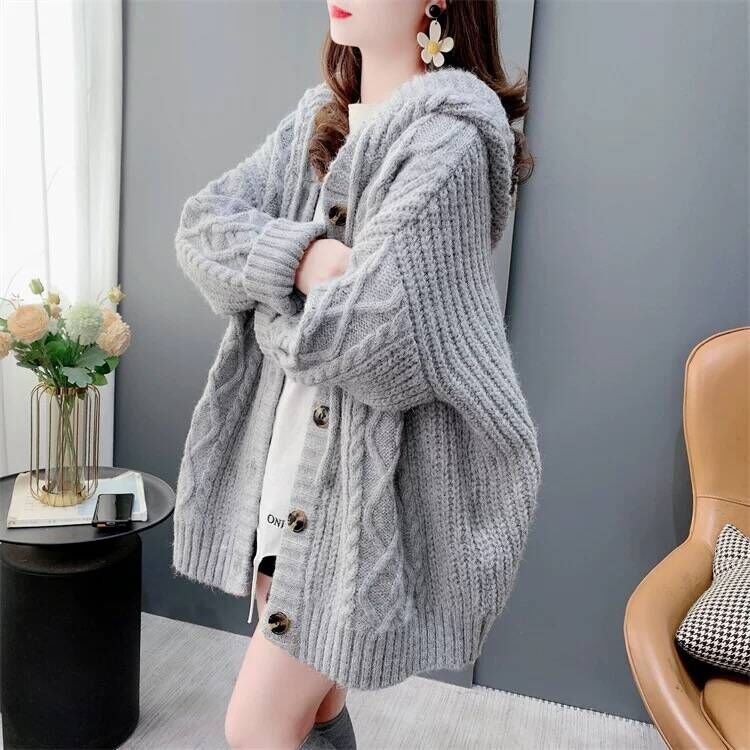 Retro loose hooded sweater thick lazy cardigan for women