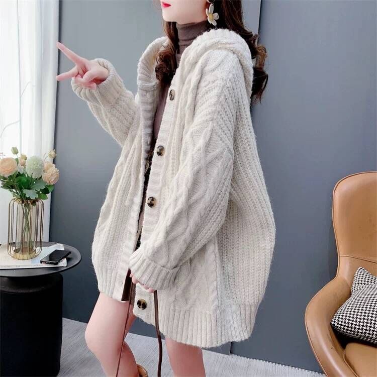 Retro loose hooded sweater thick lazy cardigan for women