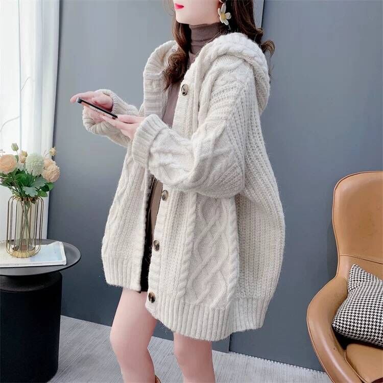 Retro loose hooded sweater thick lazy cardigan for women