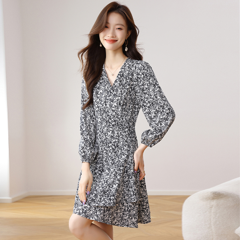 Pinched waist floral short chiffon dress for women