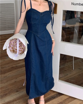 Slim pinched waist denim sling retro dress