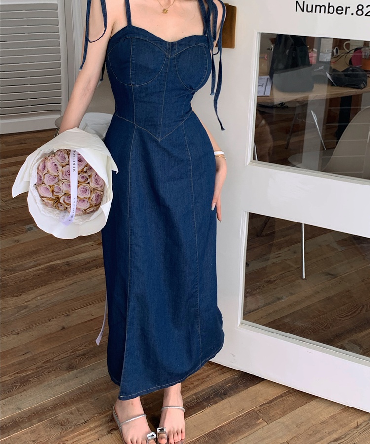 Slim pinched waist denim sling retro dress