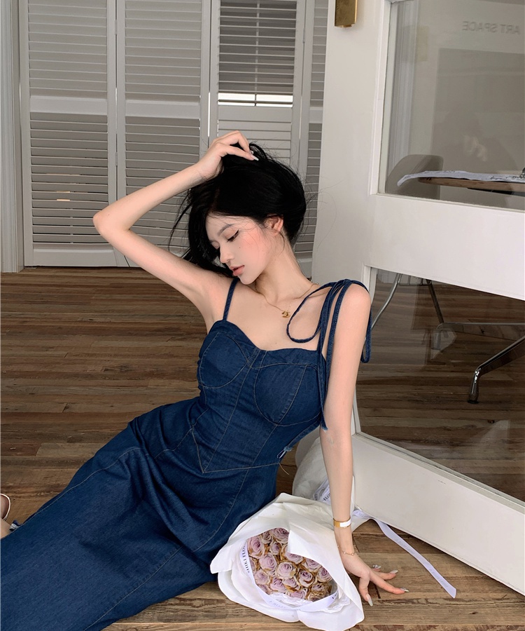 Slim pinched waist denim sling retro dress