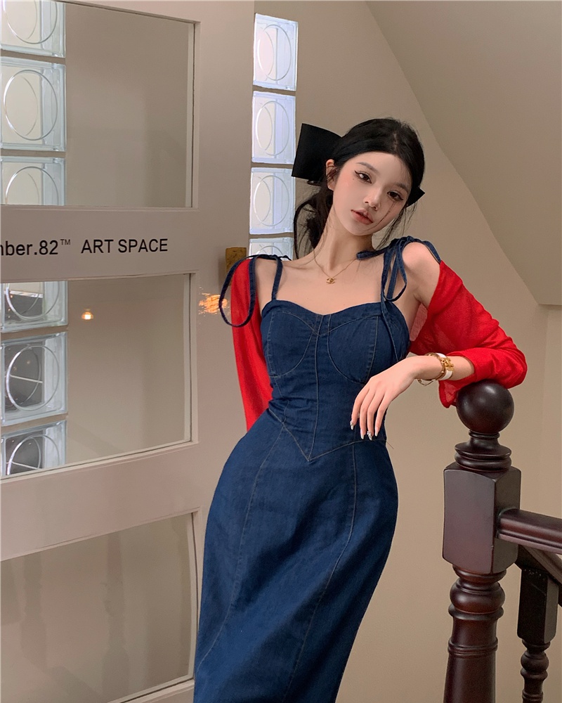 Slim loose dress pinched waist cardigan 2pcs set