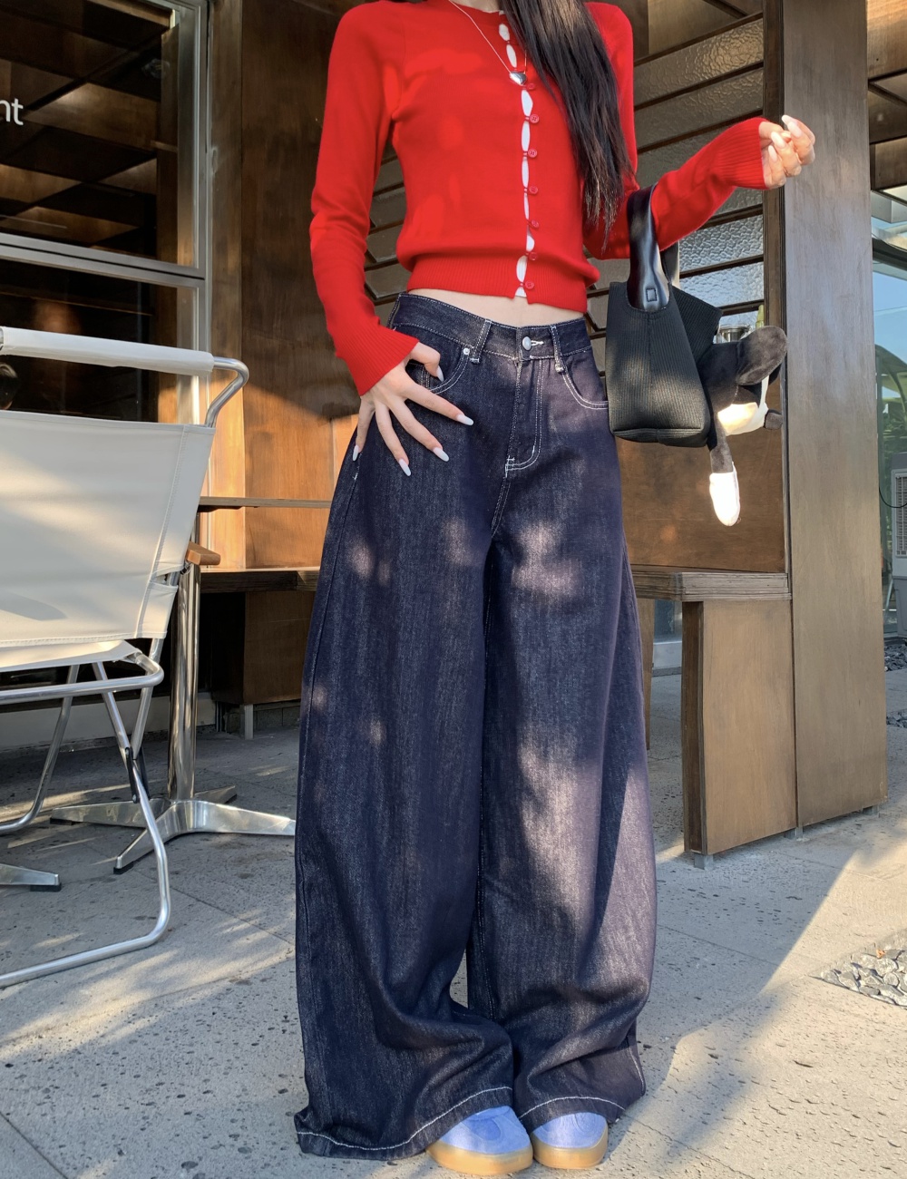 Embroidery A-line retro jeans wide leg loose long pants