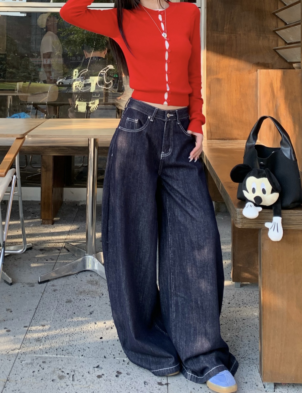 Embroidery A-line retro jeans wide leg loose long pants