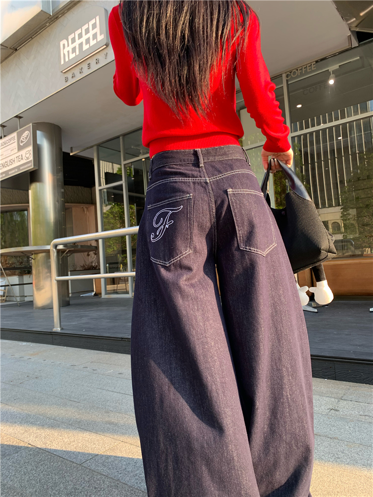 Embroidery A-line retro jeans wide leg loose long pants