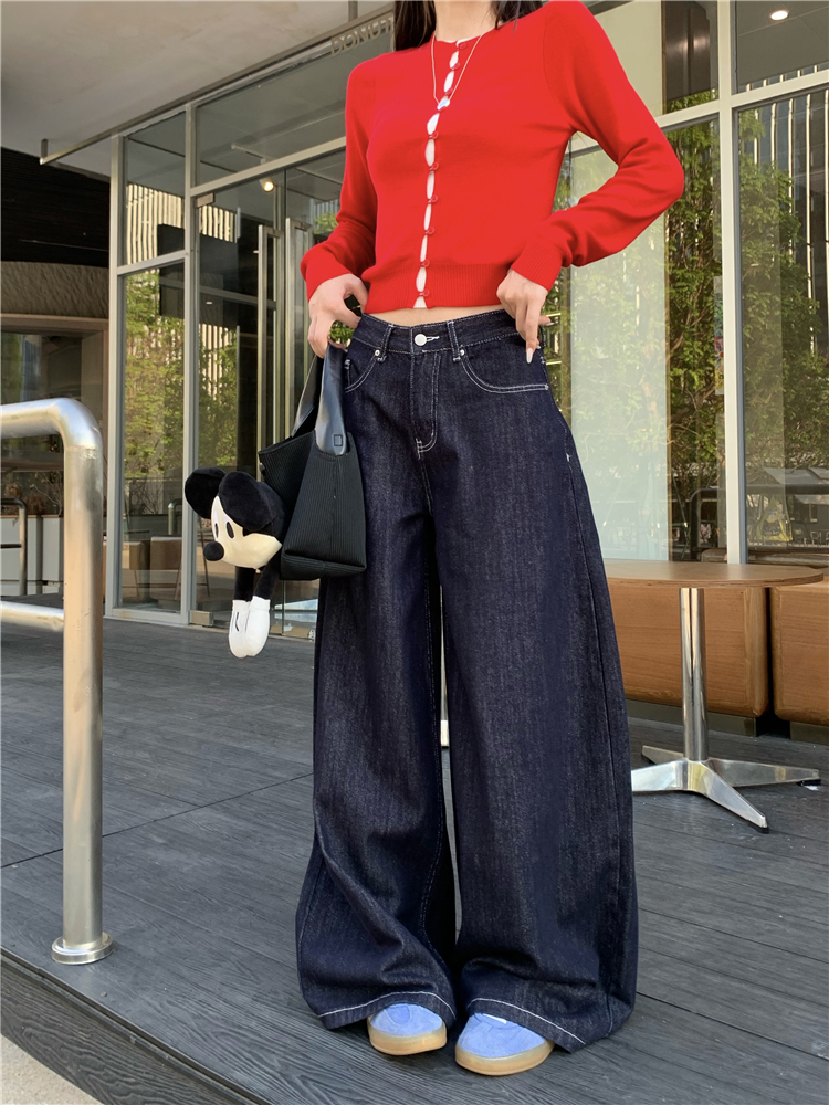 Embroidery A-line retro jeans wide leg loose long pants