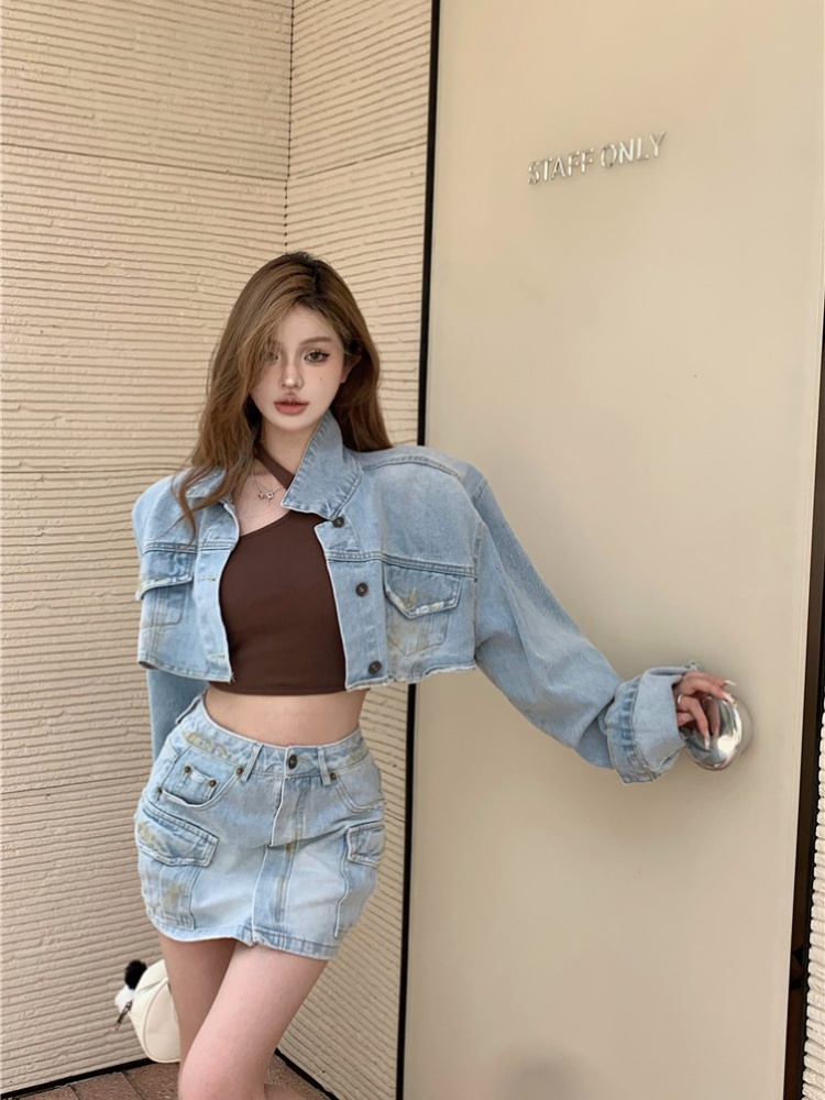 Denim short jacket spicegirl high waist coat 2pcs set for women