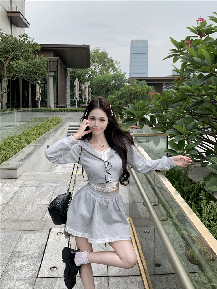 Hooded coat lace skirt 2pcs set