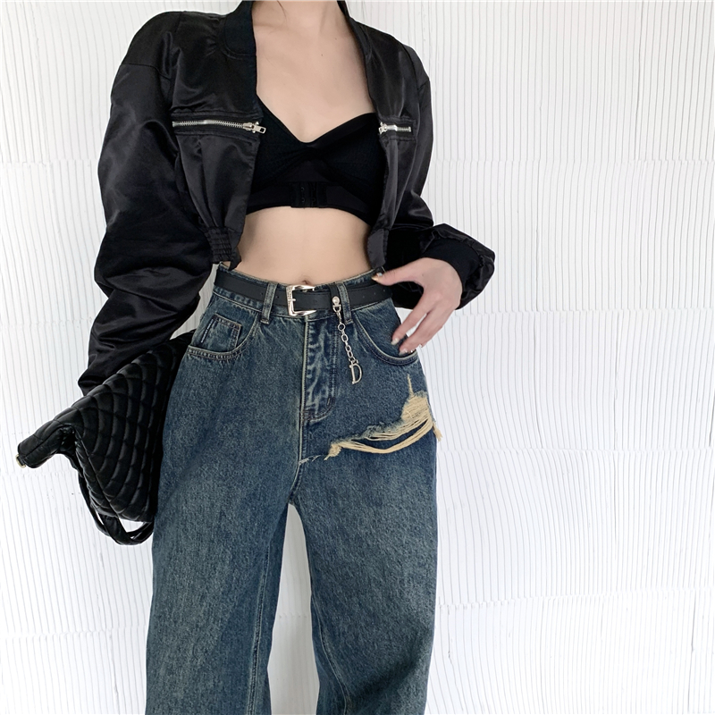 With belt retro jeans torn edge long pants for women