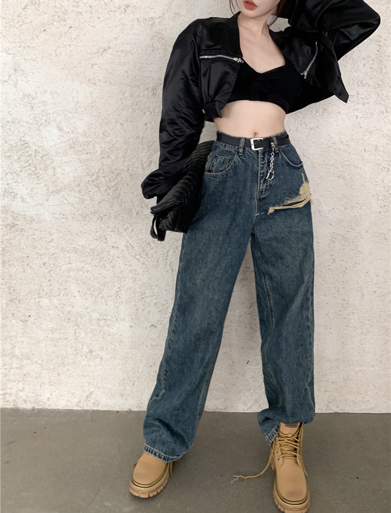 With belt retro jeans torn edge long pants for women