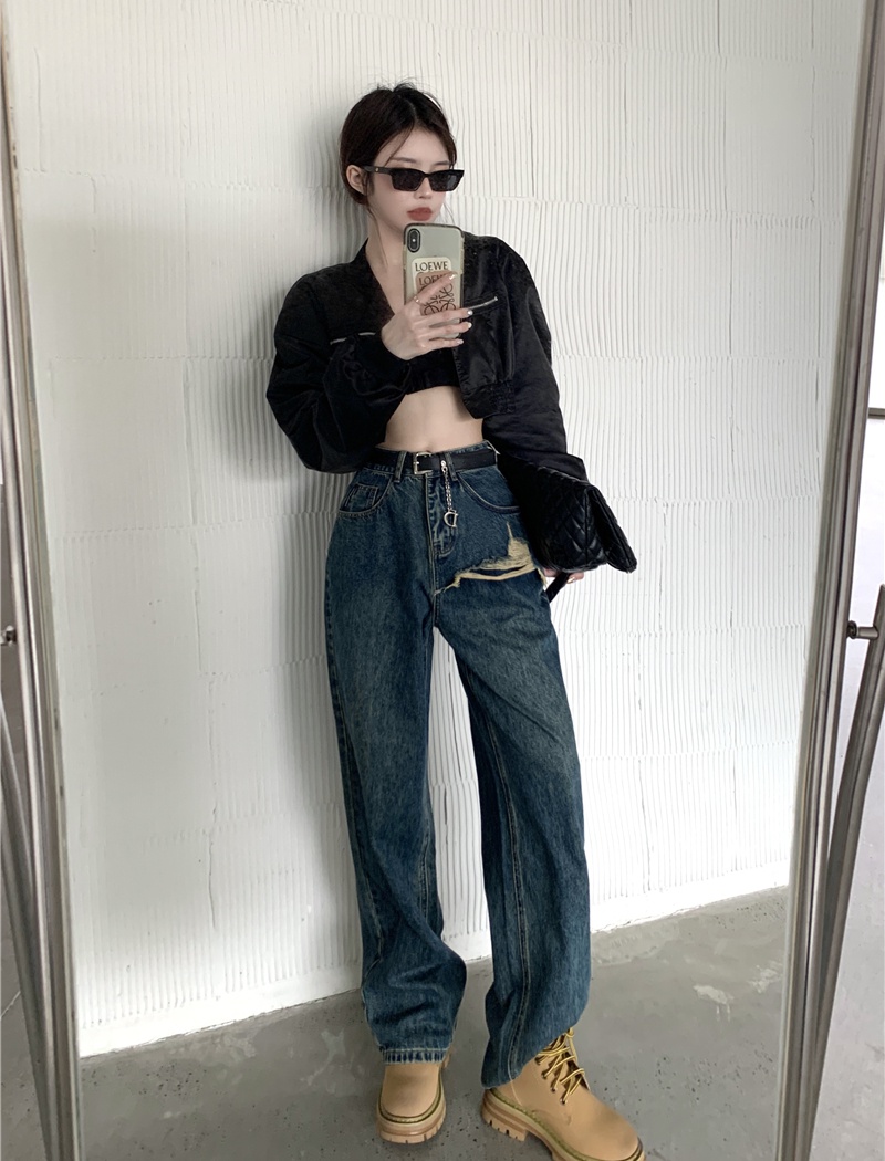 With belt retro jeans torn edge long pants for women