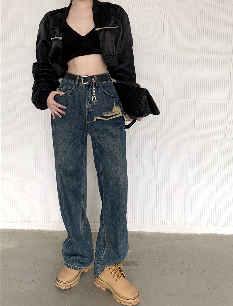 With belt retro jeans torn edge long pants for women