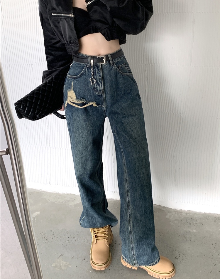 With belt retro jeans torn edge long pants for women