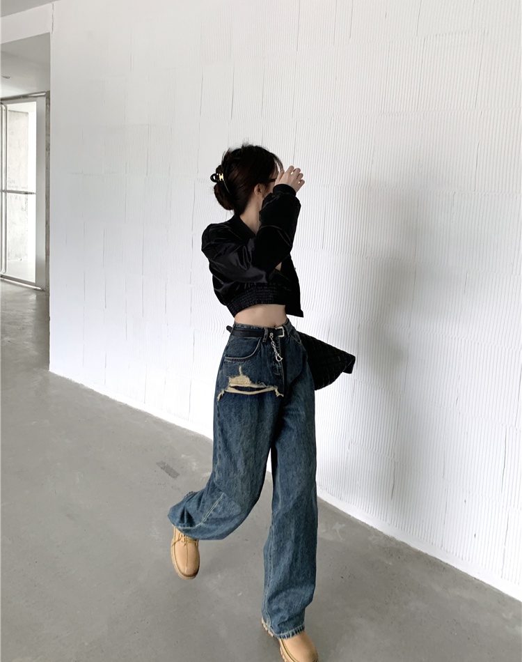 With belt retro jeans torn edge long pants for women