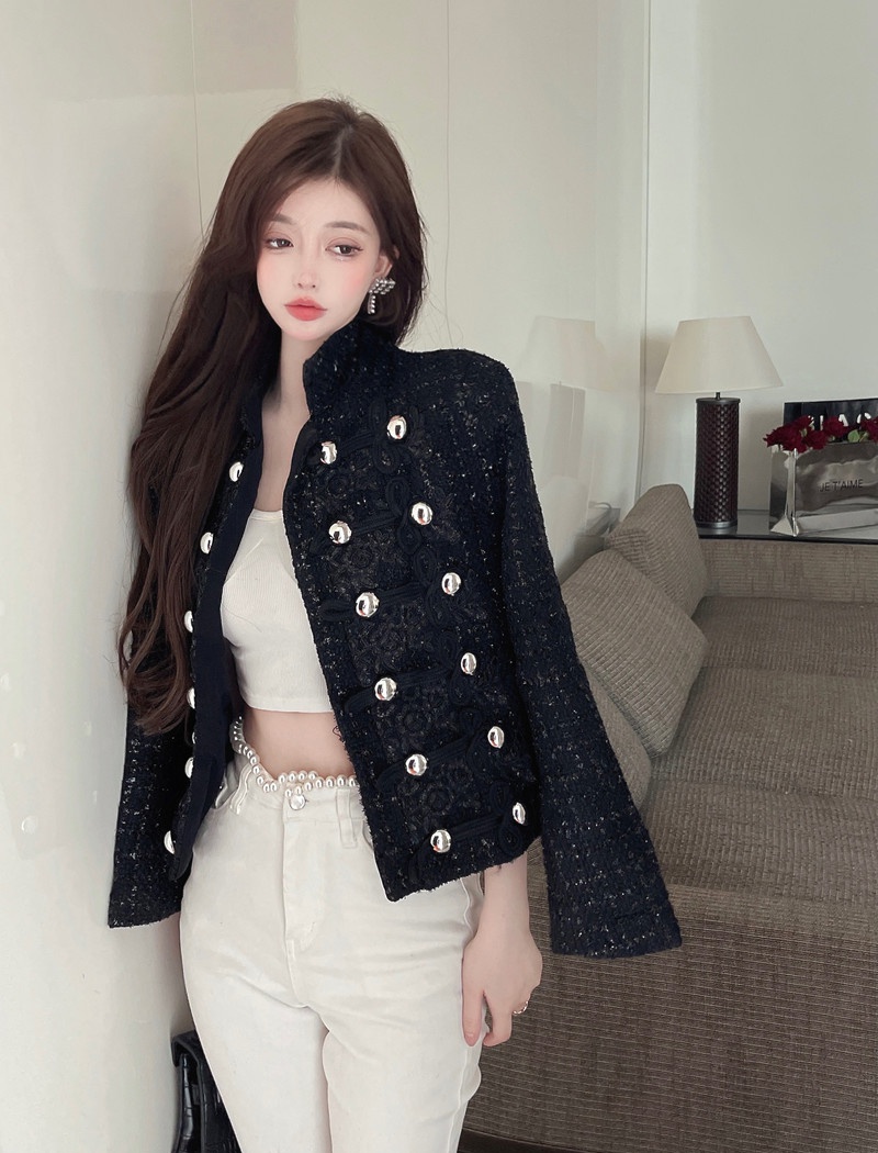 Stand collar short handsome rhinestone coat