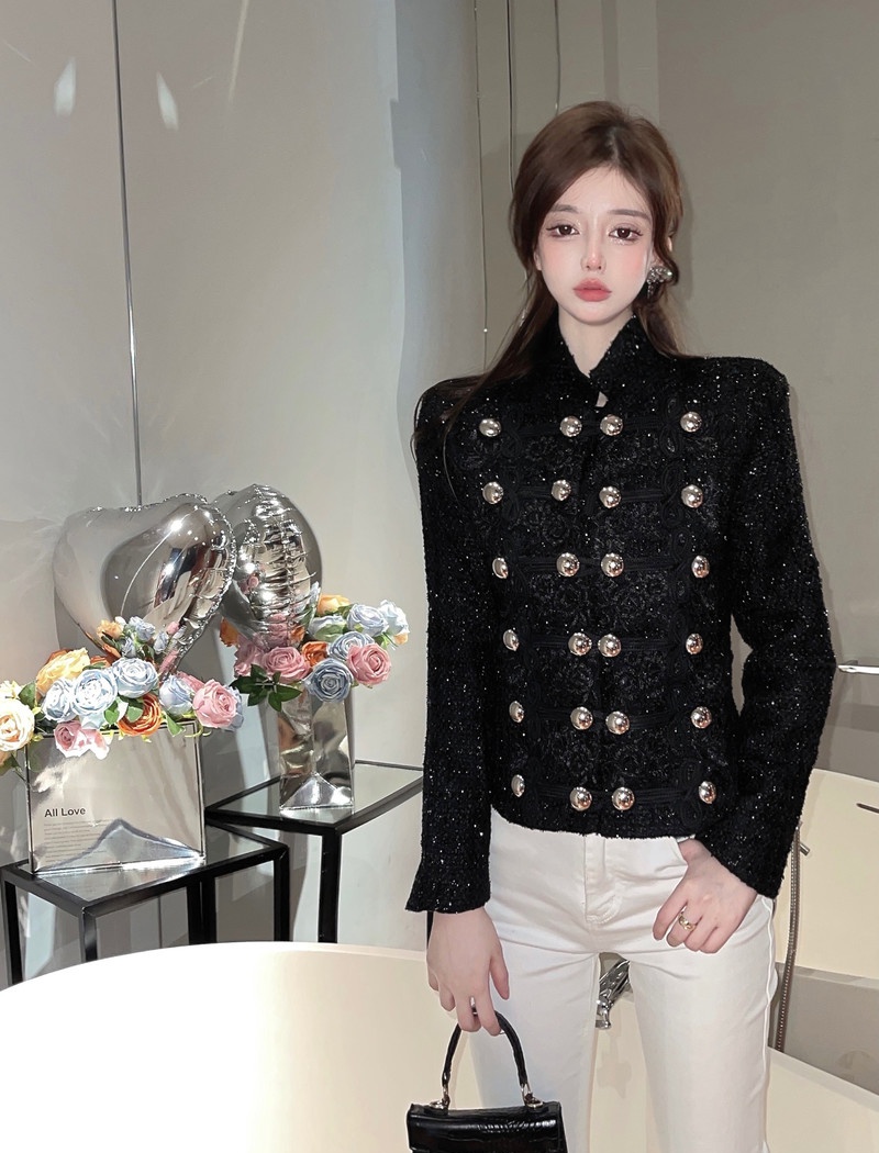 Stand collar short handsome rhinestone coat