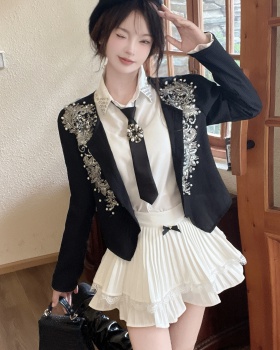 Sweet white shirt beading short skirt 3pcs set