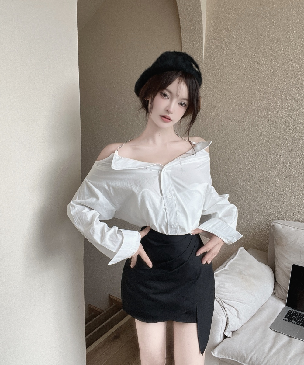 Long sleeve unique short skirt strapless sling shirt a set