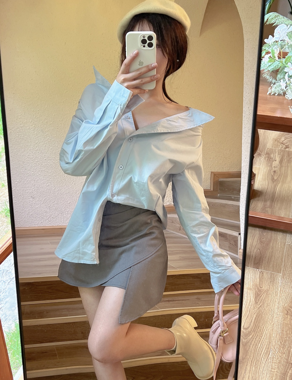 Long sleeve unique short skirt strapless sling shirt a set