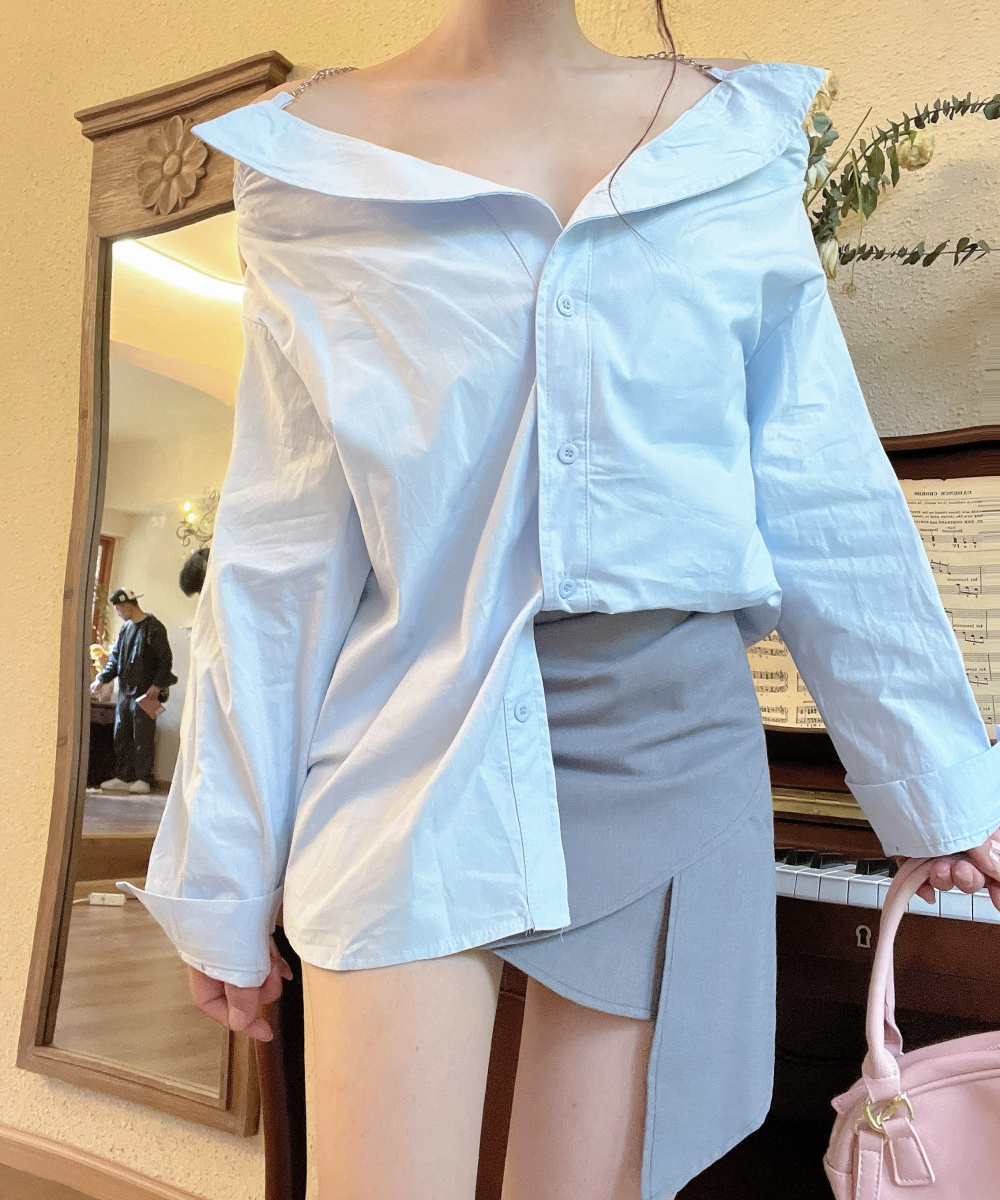 Long sleeve unique short skirt strapless sling shirt a set