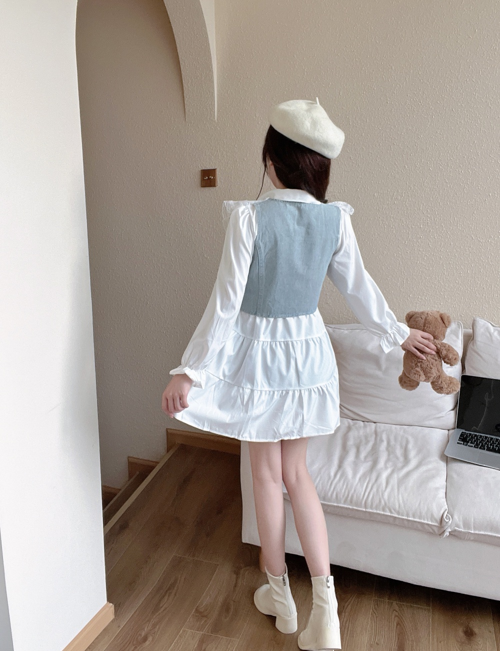 Lace denim dress all-match Korean style vest 2pcs set