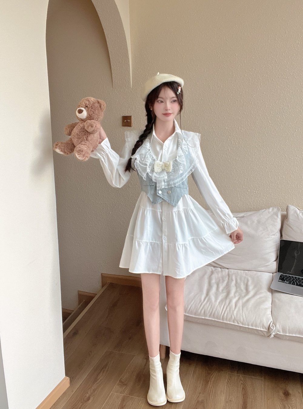 Lace denim dress all-match Korean style vest 2pcs set