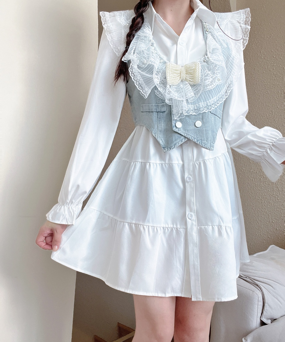 Lace denim dress all-match Korean style vest 2pcs set