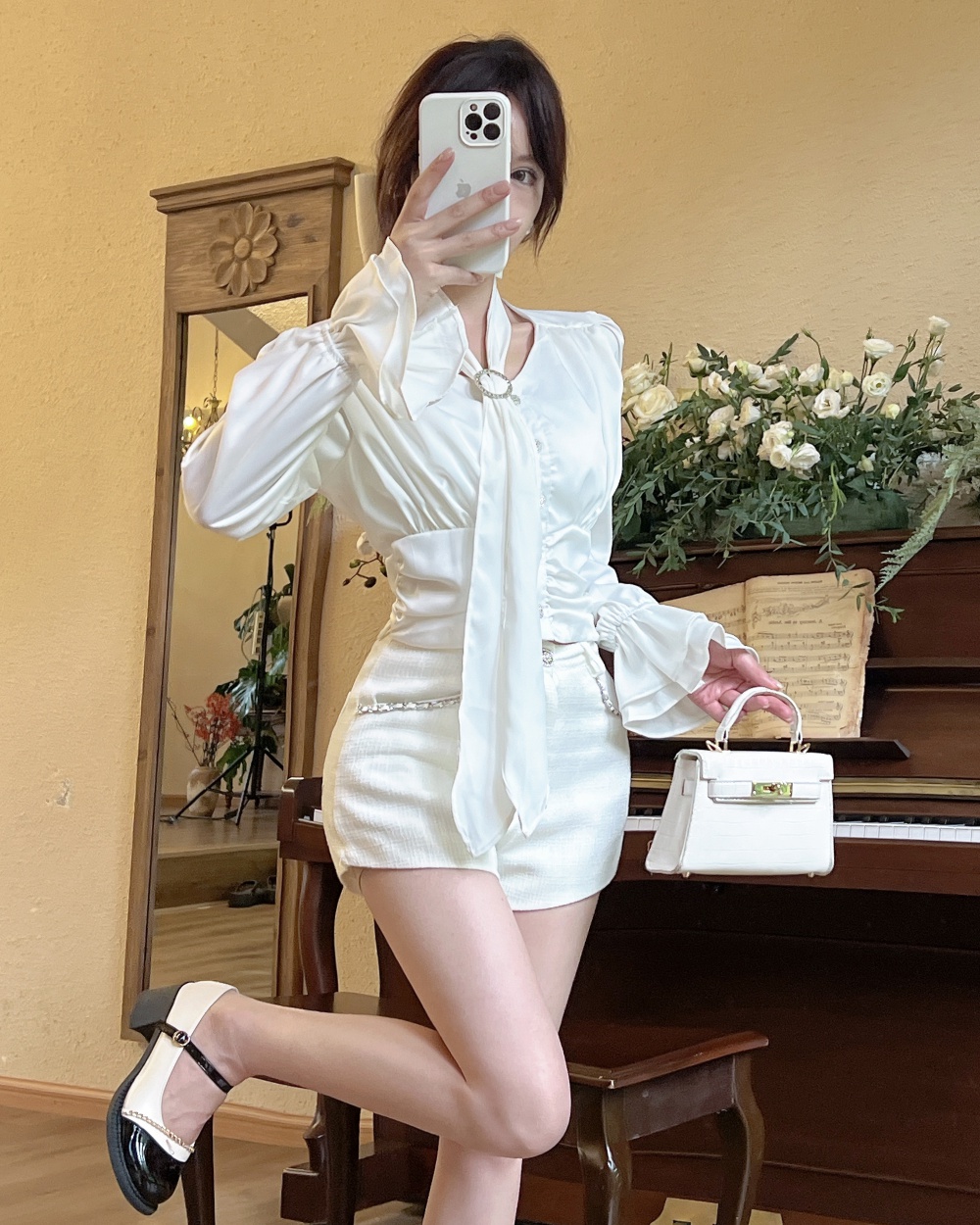 Trumpet sleeves slim shirt lotus sleeve shorts 2pcs set