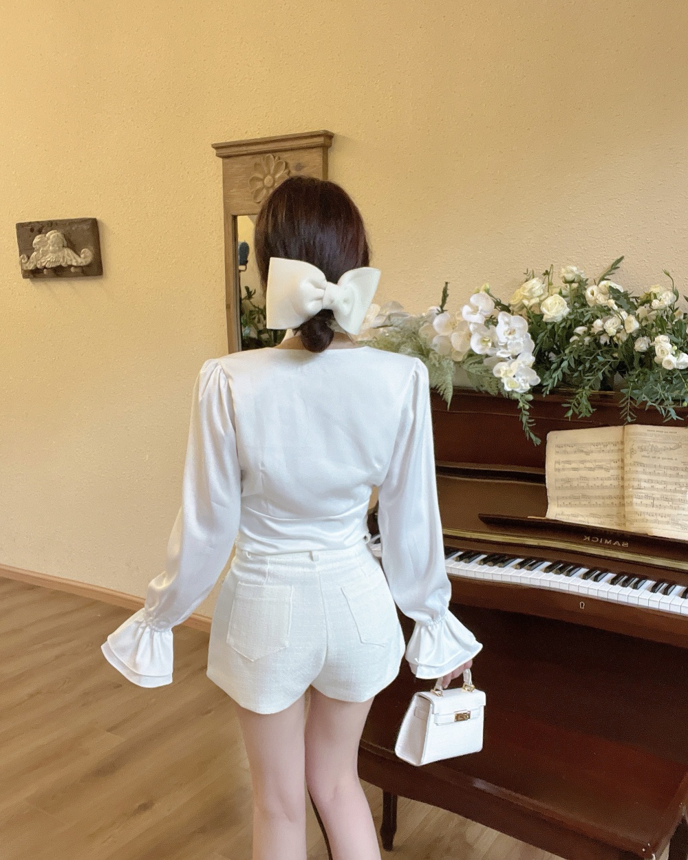 Trumpet sleeves slim shirt lotus sleeve shorts 2pcs set