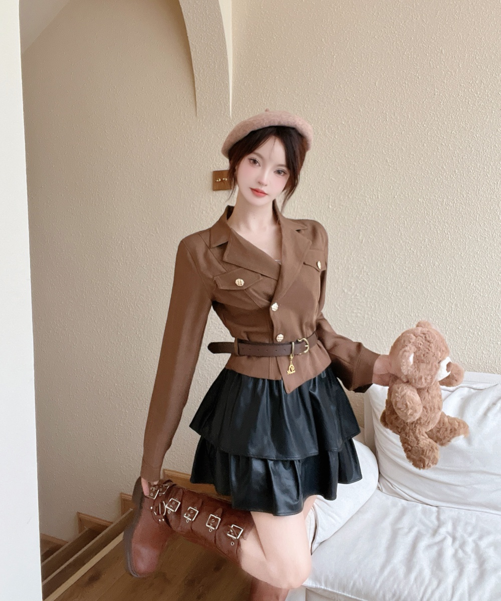 Pleated Western style tops temperament skirt 2pcs set