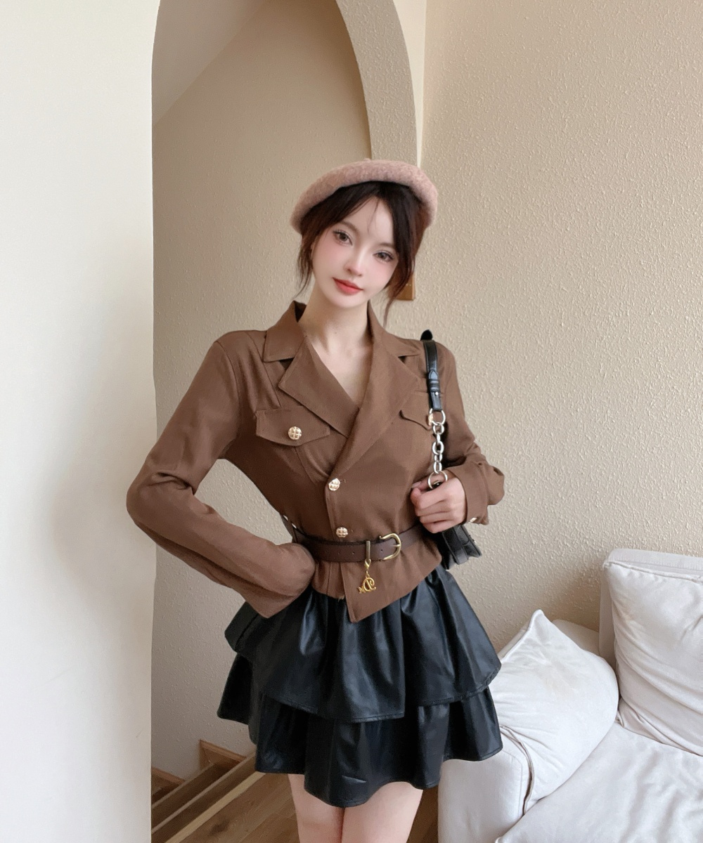 Pleated Western style tops temperament skirt 2pcs set