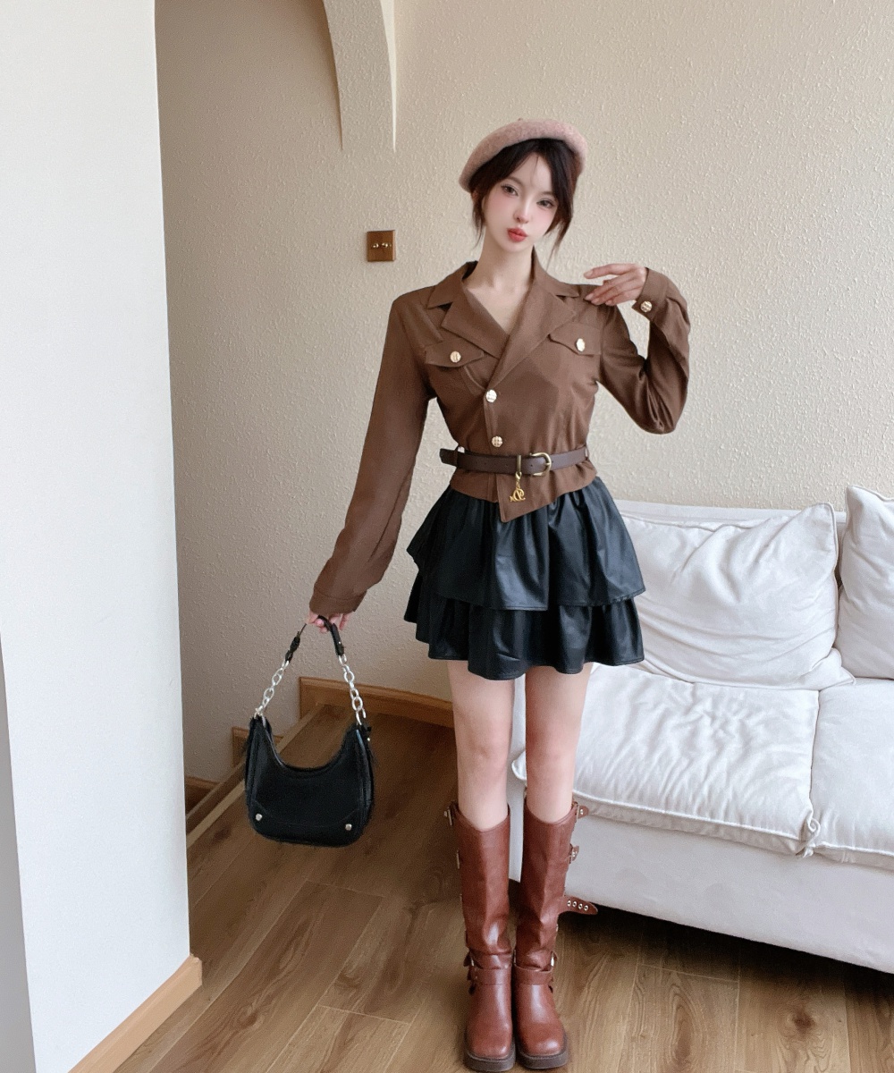 Pleated Western style tops temperament skirt 2pcs set