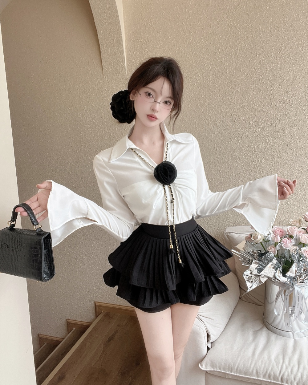 Trumpet sleeves flowers short skirt 2pcs set