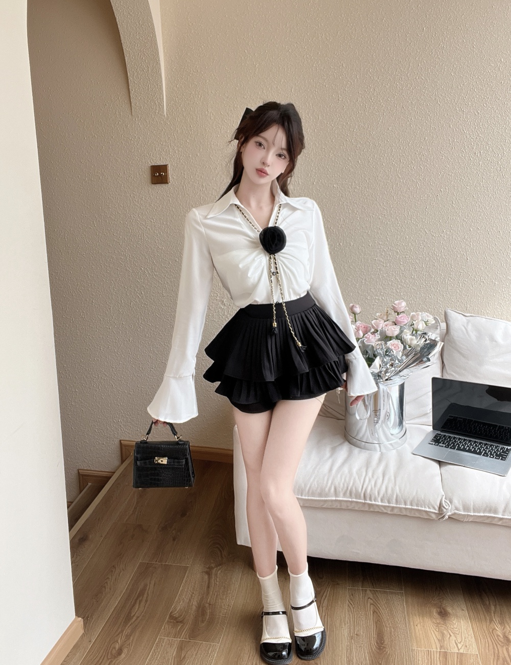 Trumpet sleeves flowers short skirt 2pcs set