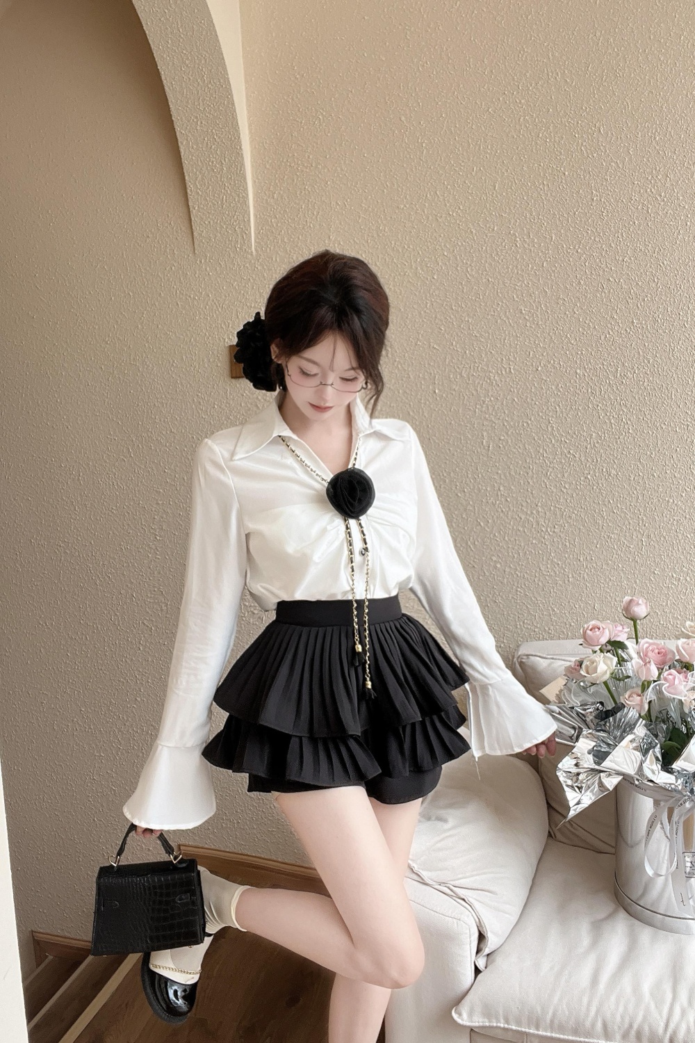 Trumpet sleeves flowers short skirt 2pcs set