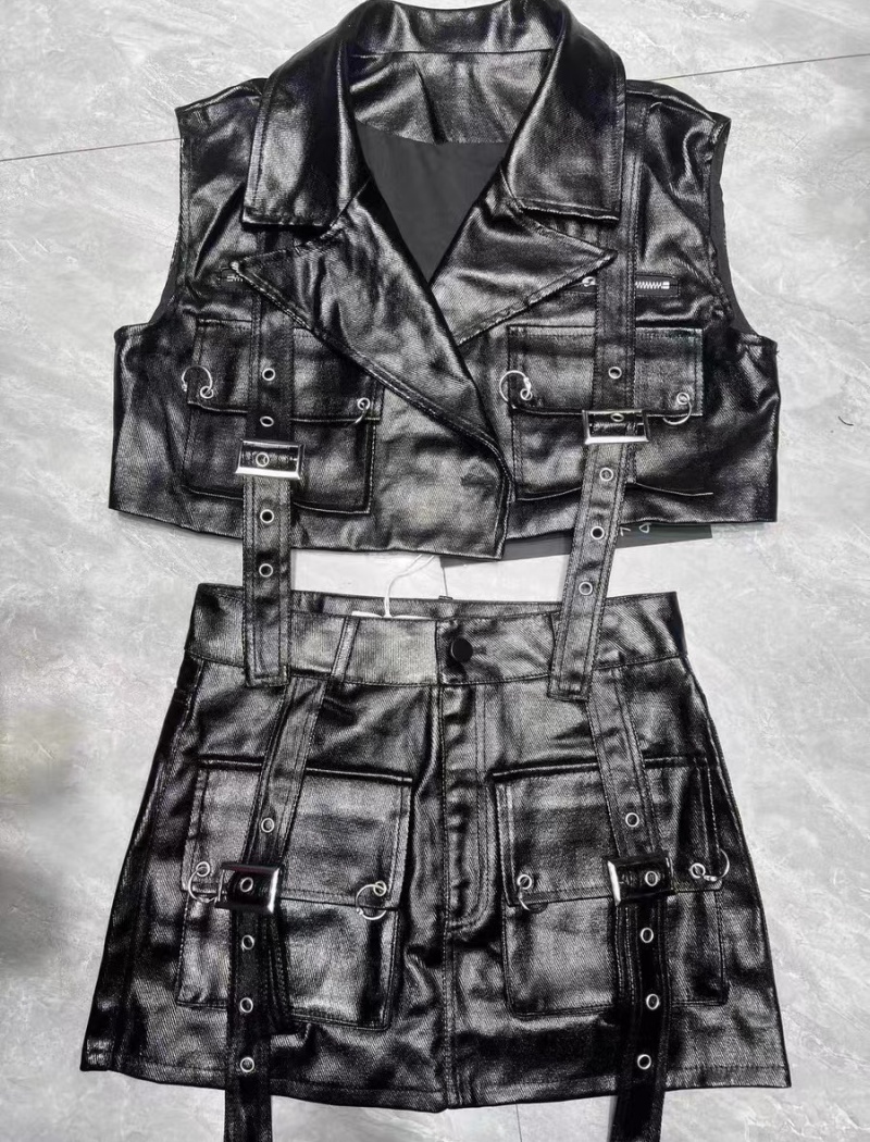 Punk style belt PU short skirt 2pcs set for women