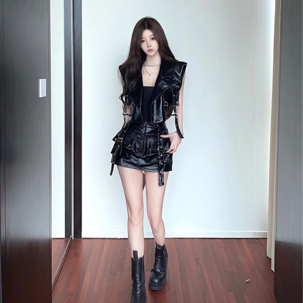 Punk style belt PU short skirt 2pcs set for women