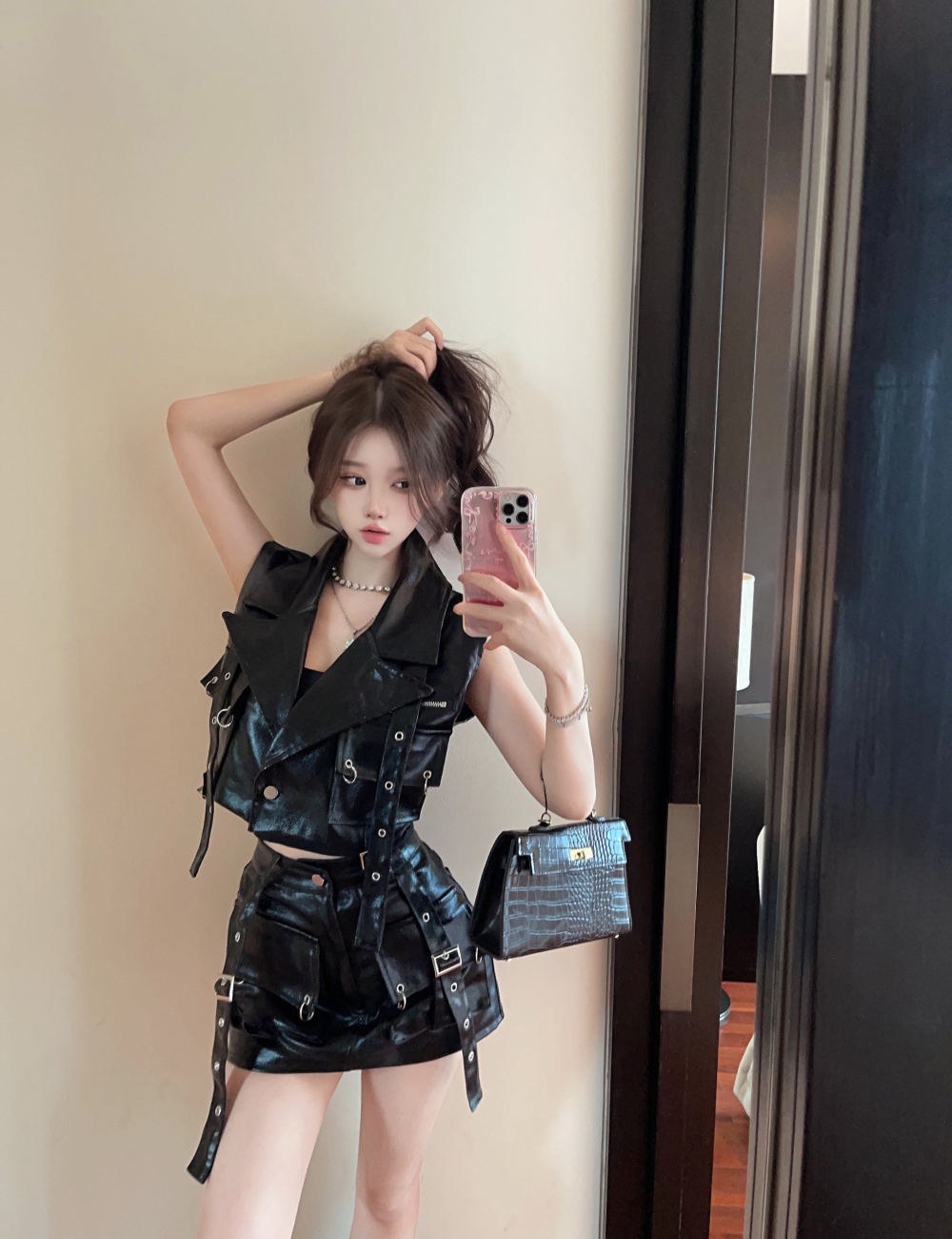 Punk style belt PU short skirt 2pcs set for women