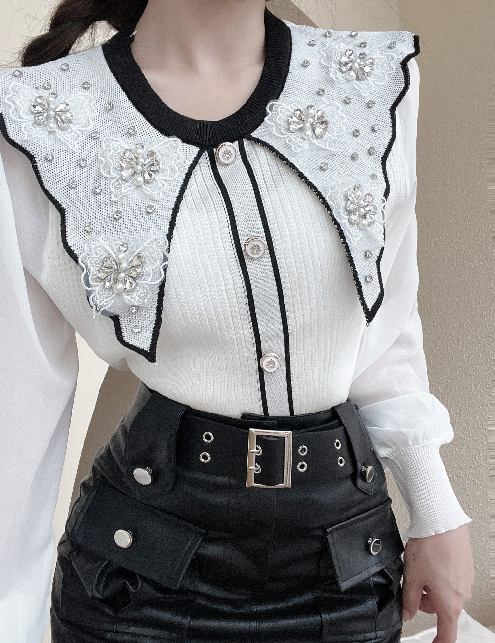 Fresh lovely beading sweet doll collar retro tops