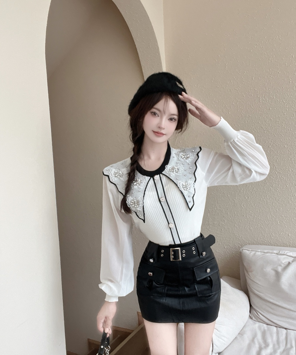 Fresh lovely beading sweet doll collar retro tops