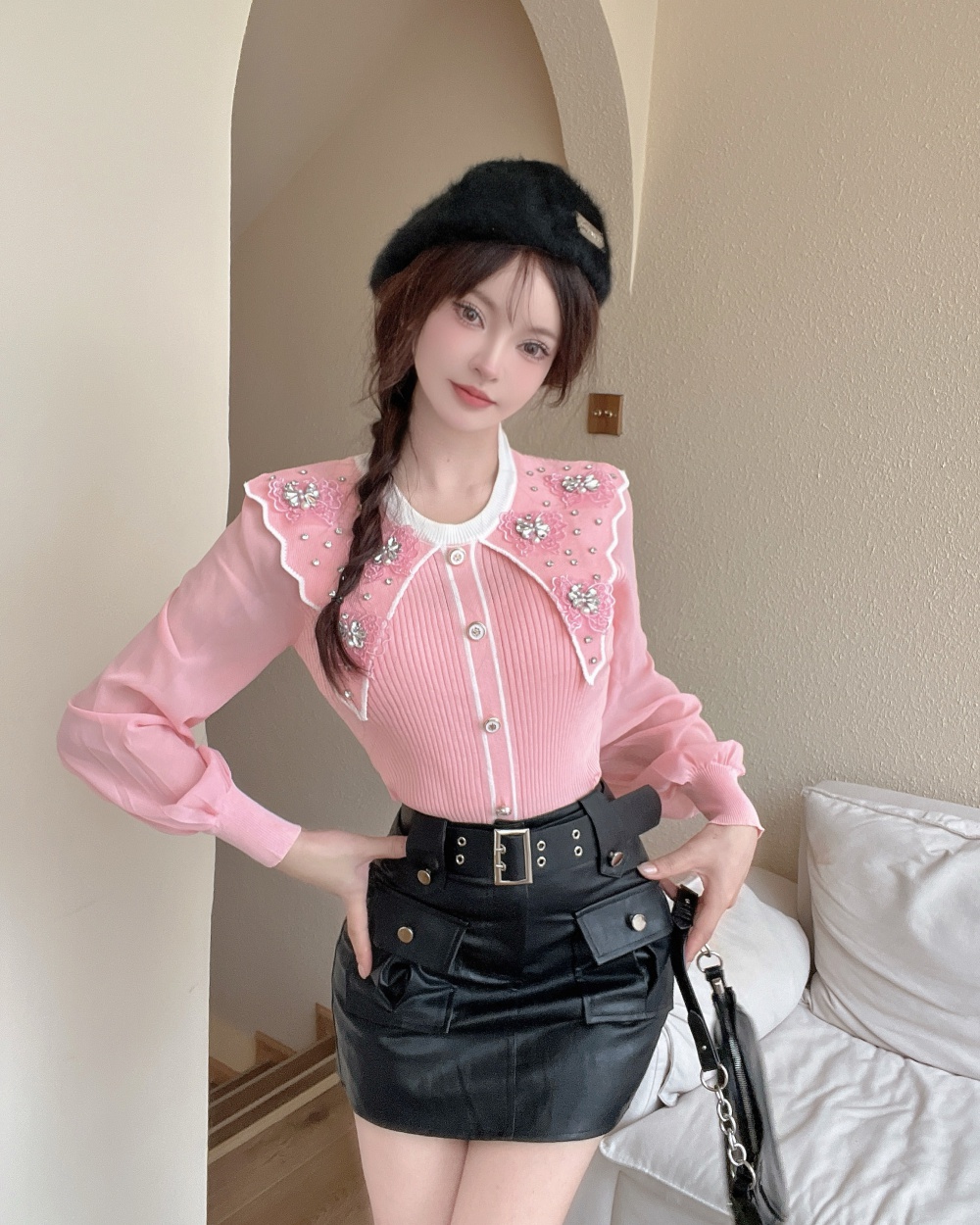 Fresh lovely beading sweet doll collar retro tops