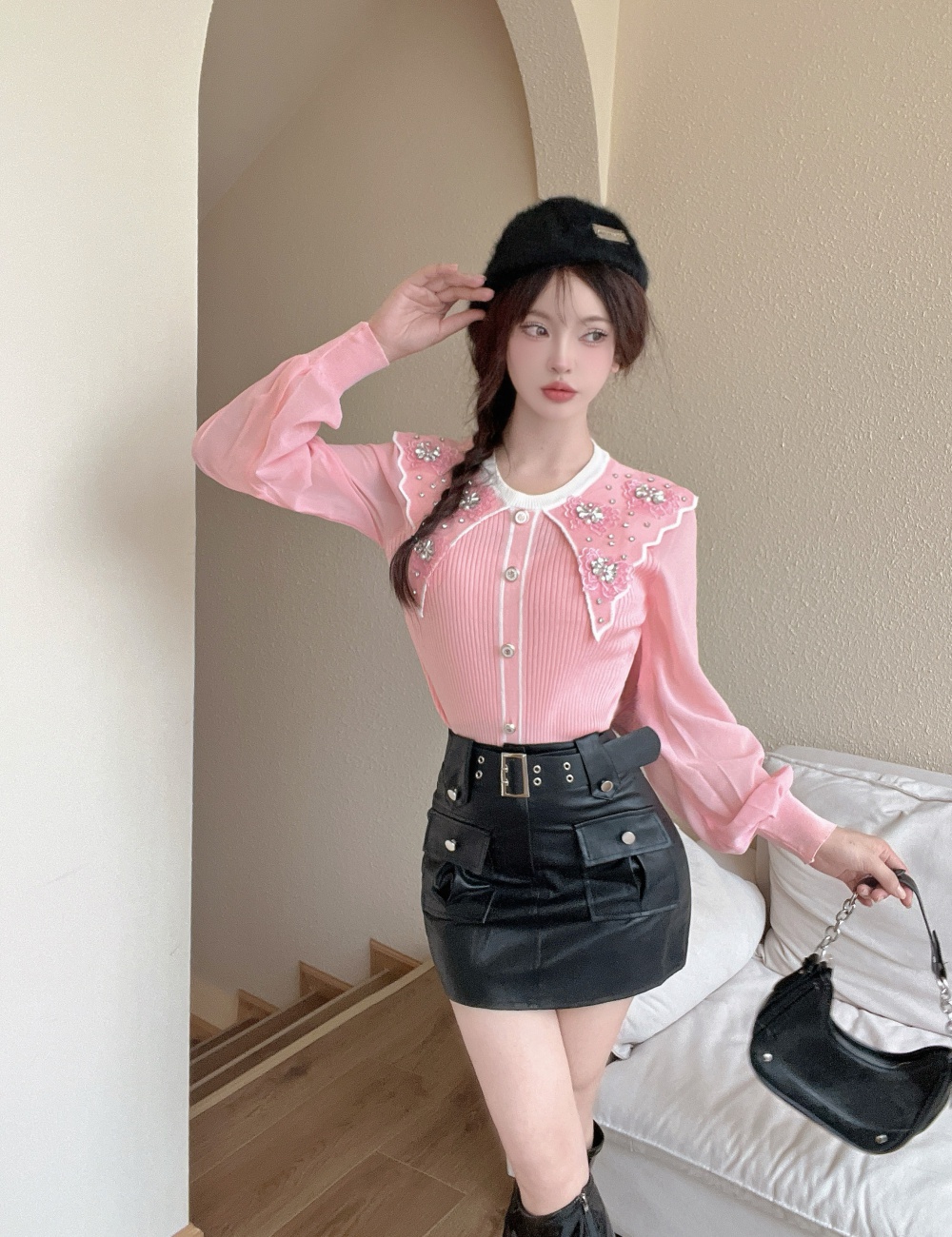 Fresh lovely beading sweet doll collar retro tops