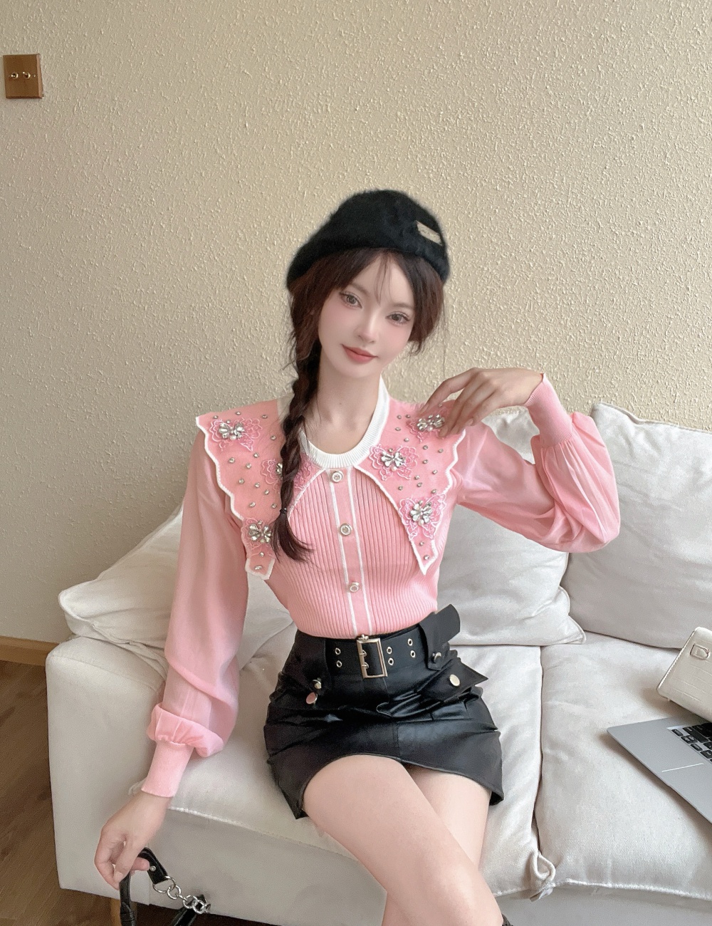 Fresh lovely beading sweet doll collar retro tops