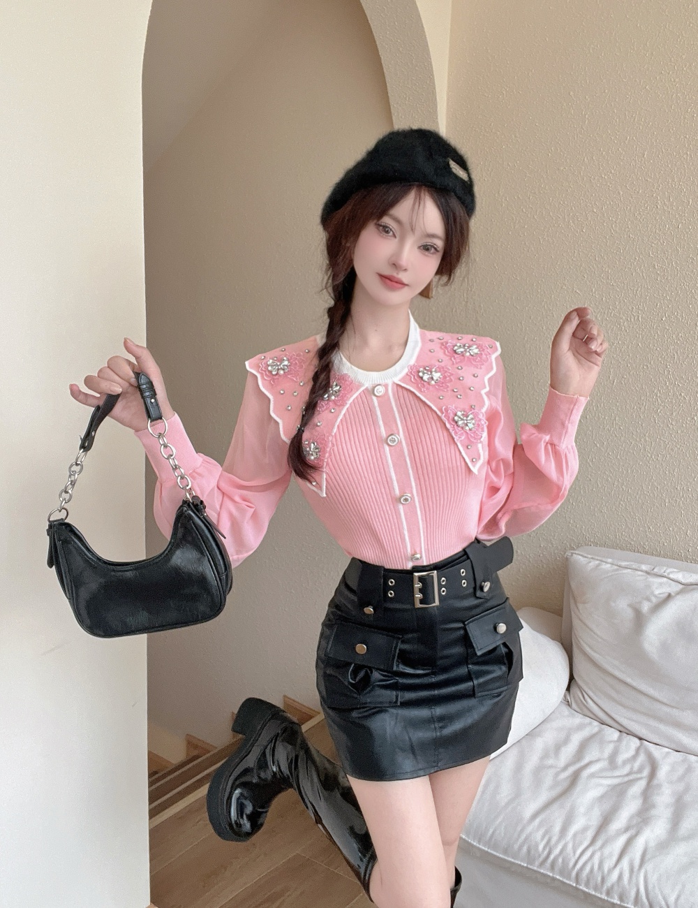 Doll collar sweet skirt beading retro belt 2pcs set