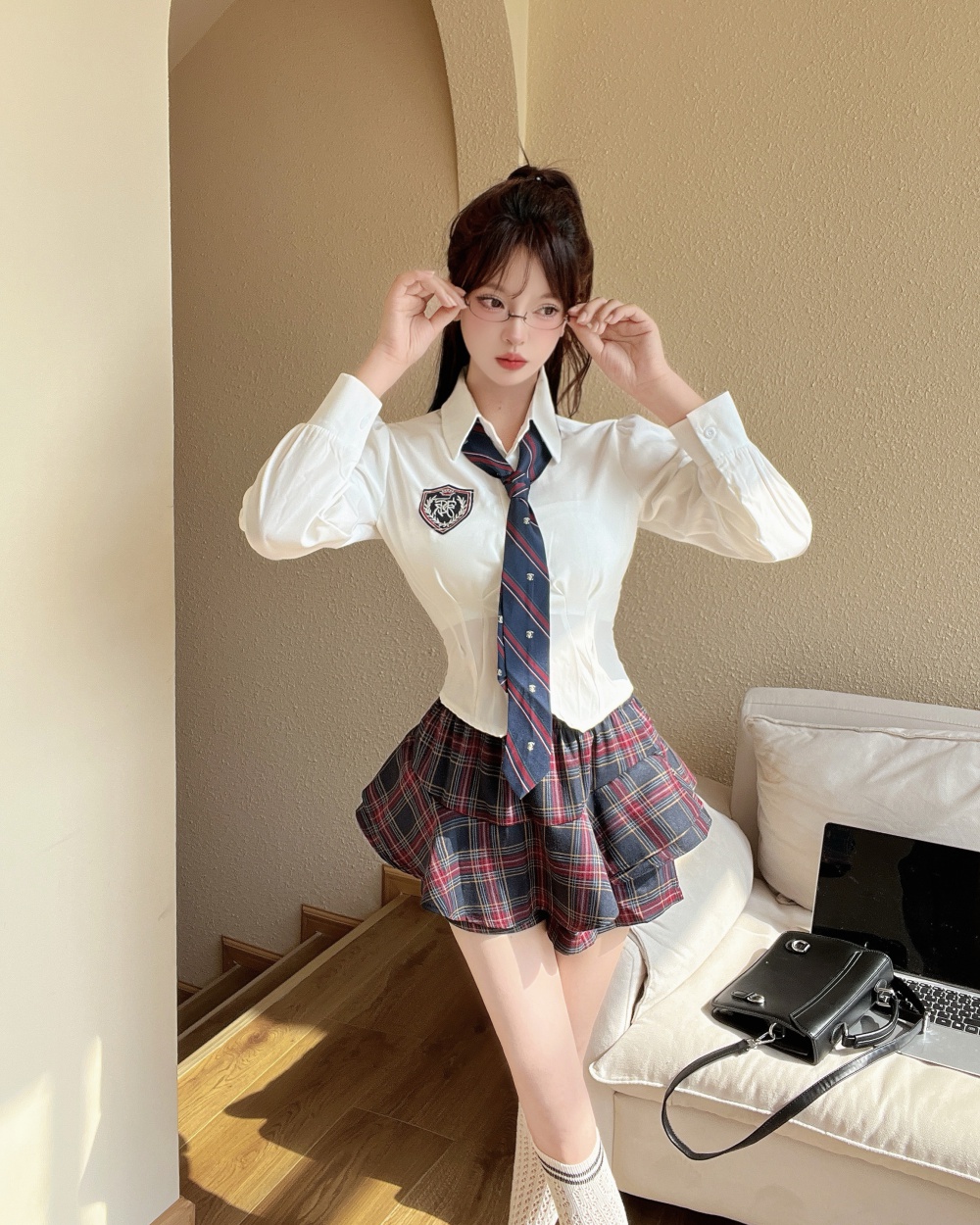 Show young uniform Korean style skirt 2pcs set for women