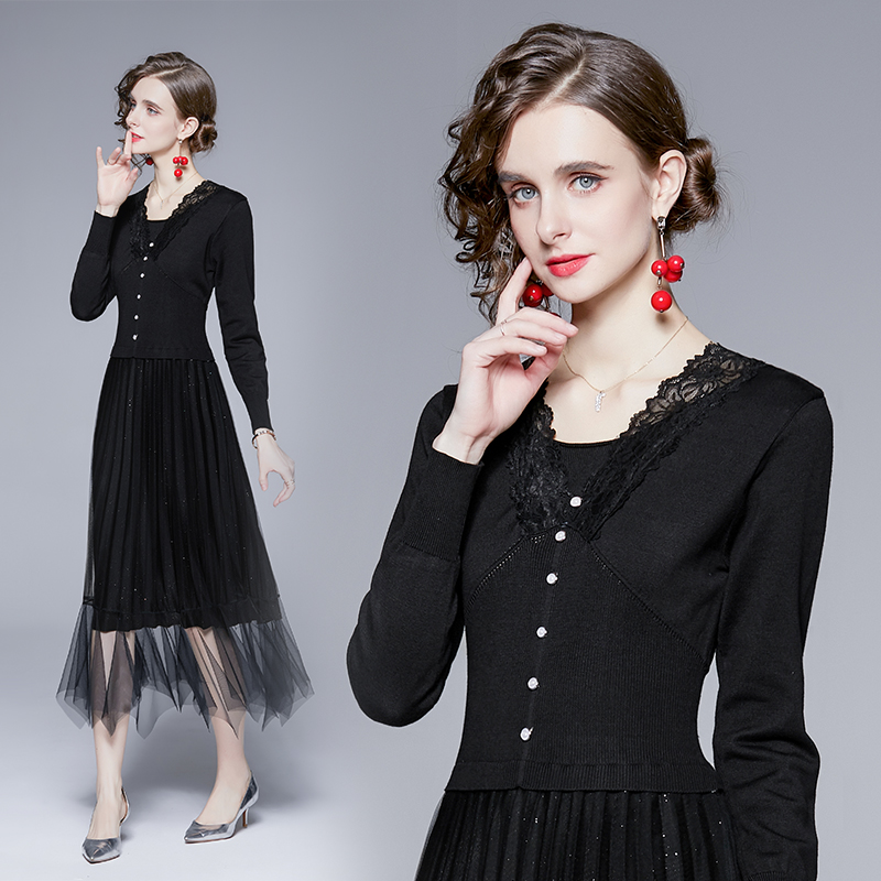 Niche gauze knitted lace irregular long sleeve dress