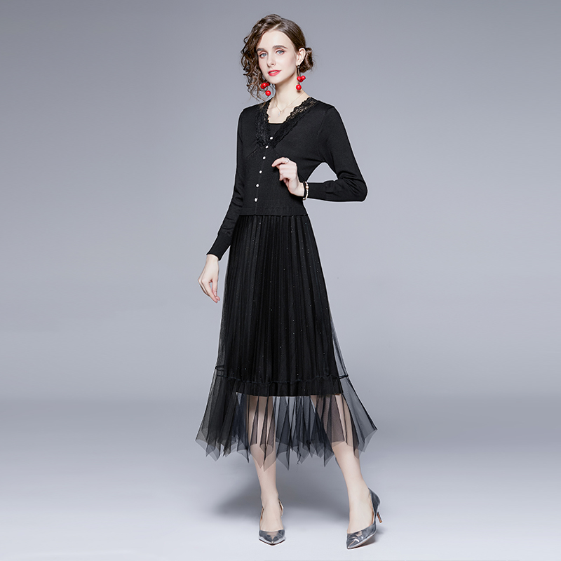 Niche gauze knitted lace irregular long sleeve dress