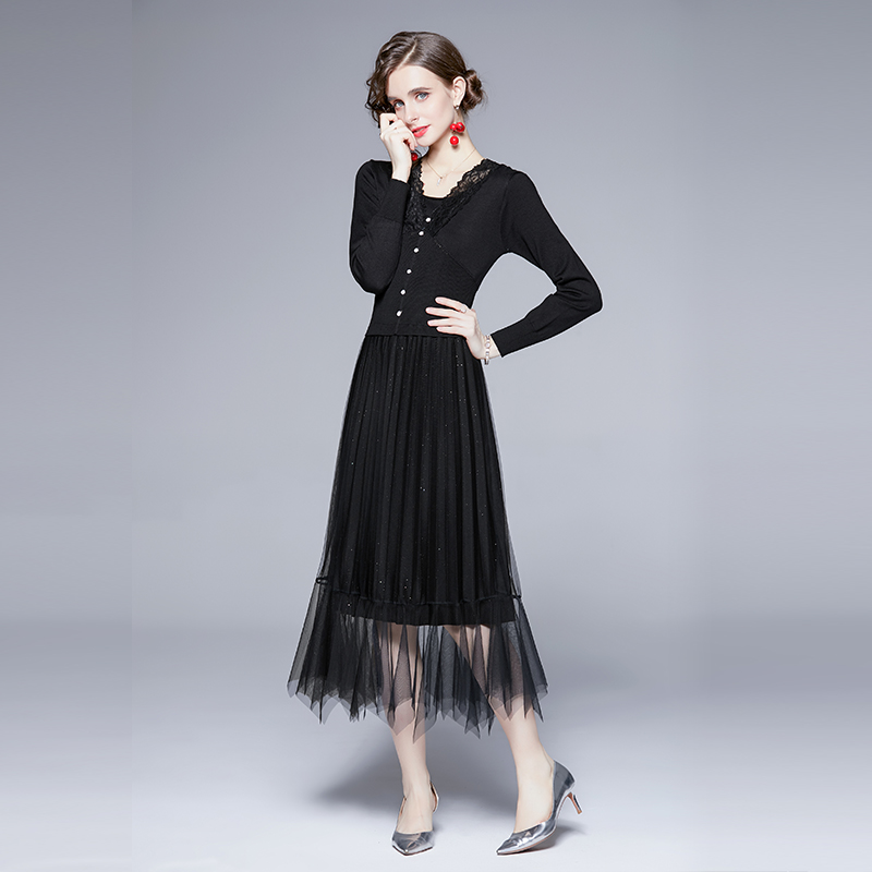 Niche gauze knitted lace irregular long sleeve dress